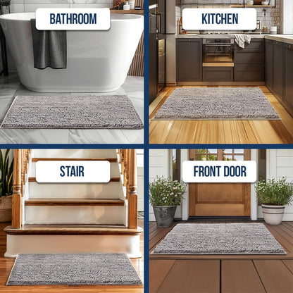 Chenille Bathroom Rugs Quick Dry Microfiber Mats Non Slip Washable, Extra Thick, Soft and Highly Absorbent Bath Mats for Bathroom, Kitchen, and Shower Floor - Grey 36"x60"