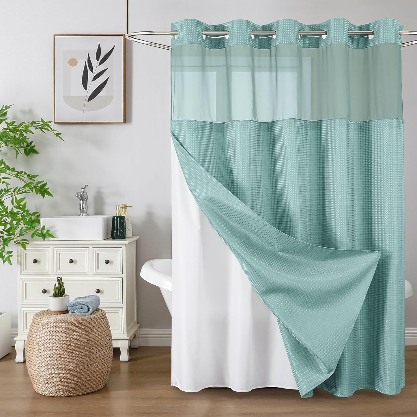 No Hook Waffle Shower Curtain with Snap in Fabric, Waterproof Shower Curtains with See Through Top Window, Hotel Luxury Heavy Duty Bathroom Curtain and Liner Set, 72'' x 75'', Black